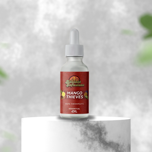 Mango Thieves essential oil blend by Ancient Infusions, crafted for use in diffusers, hair care, skin rejuvenation, and nail health. A tropical and invigorating blend of mango with natural essential oils, promoting wellness and vitality.