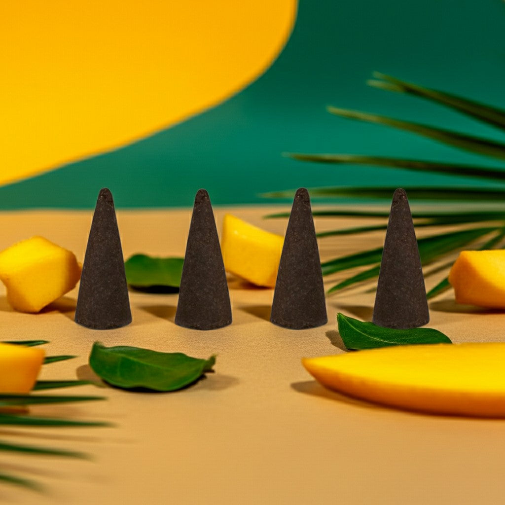 Mango Thieves Incense Cones on a surface with yellow fruit and green leaves in the background
