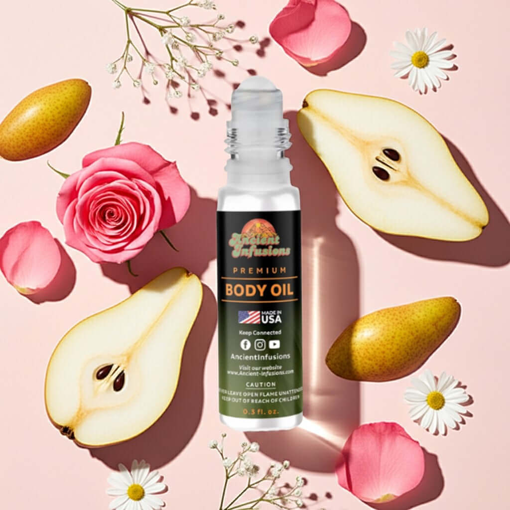 Miu Miu MiuTine Inspired Body Oil with floral and fruity elements in background