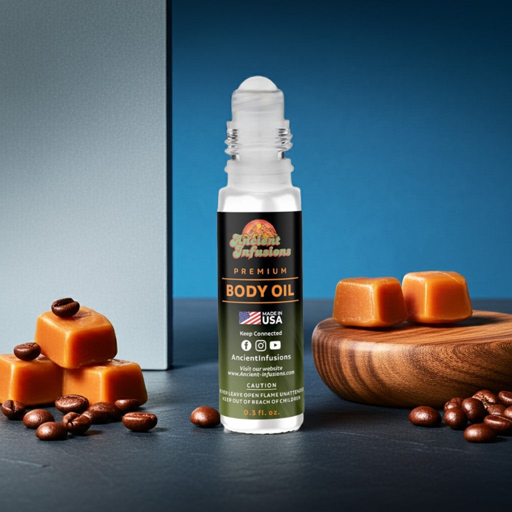 Mugler A Man Inspired Body Oil roll-on with caramel and coffee beans on a blue background. Bold, sweet masculine fragrance bottle.