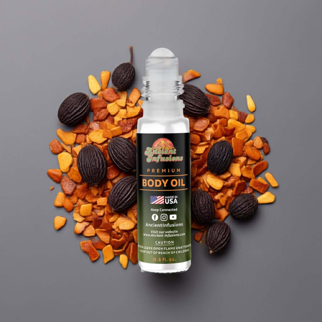 Mystery Man Body Oil bottle surrounded by natural ingredients for a luxurious, long-lasting fragrance.