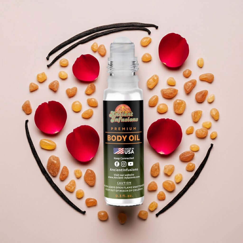 Mystery Woman Body Oil bottle surrounded by red rose petals and natural ingredients, emphasizing luxury and hydration.