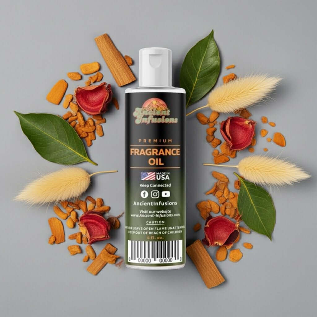 Nag Champa Fragrance Oil bottle surrounded by cinnamon, rose petals, and green leaves.