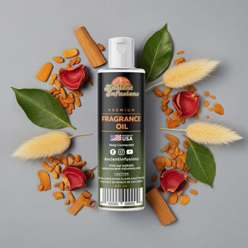 Nag Champa Fragrance Oil bottle surrounded by cinnamon, rose petals, and green leaves.