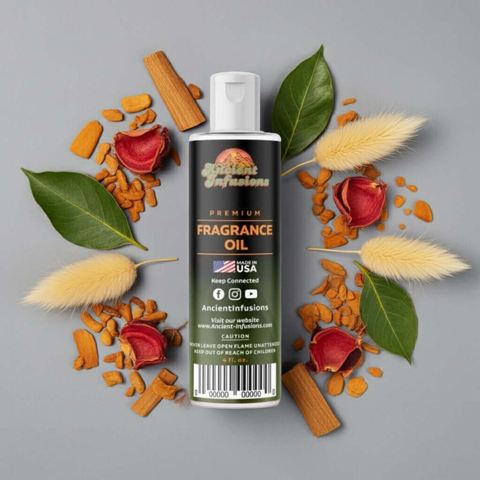 Nag Champa Fragrance Oil bottle surrounded by cinnamon, rose petals, and green leaves.