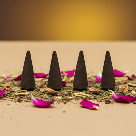 Nag Champa Incense Cones on a bed of dried herbs and pink petals with a blurred background.
