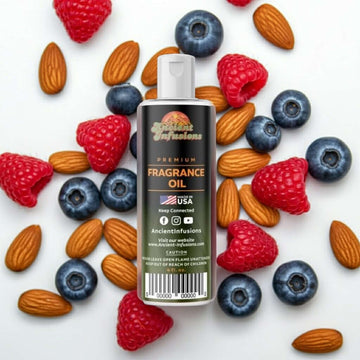 Nuts & Berries Fragrance Oil with natural almonds, raspberries, and blueberries background, pure and uncut scent for various uses.