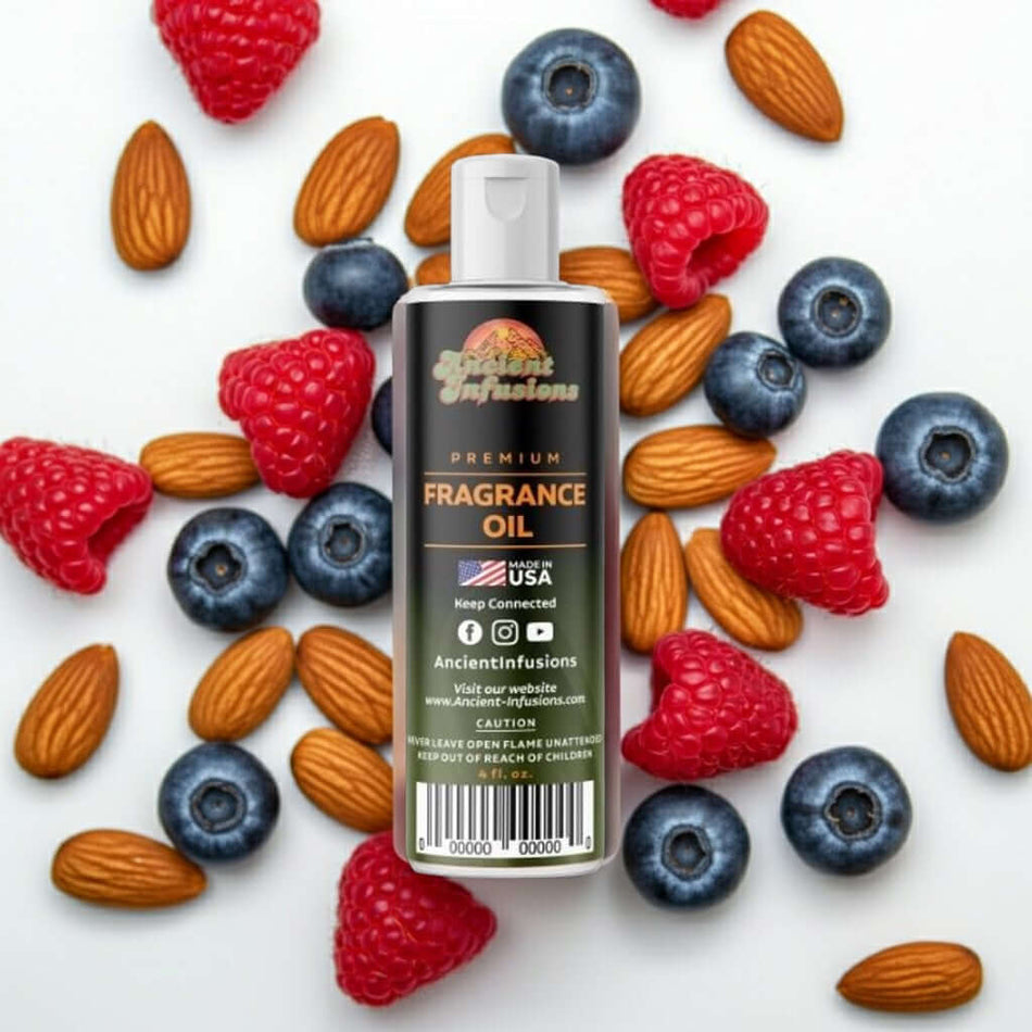Nuts & Berries Fragrance Oil with natural almonds, raspberries, and blueberries background, pure and uncut scent for various uses.
