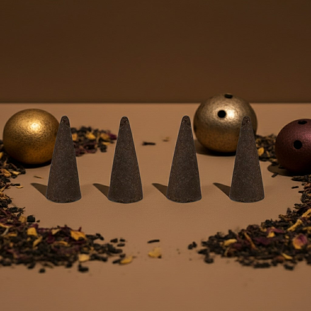 Opium Incense Cones on a surface with dried herbs and metallic balls in the background.