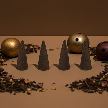 Opium Incense Cones on a surface with dried herbs and metallic balls in the background.