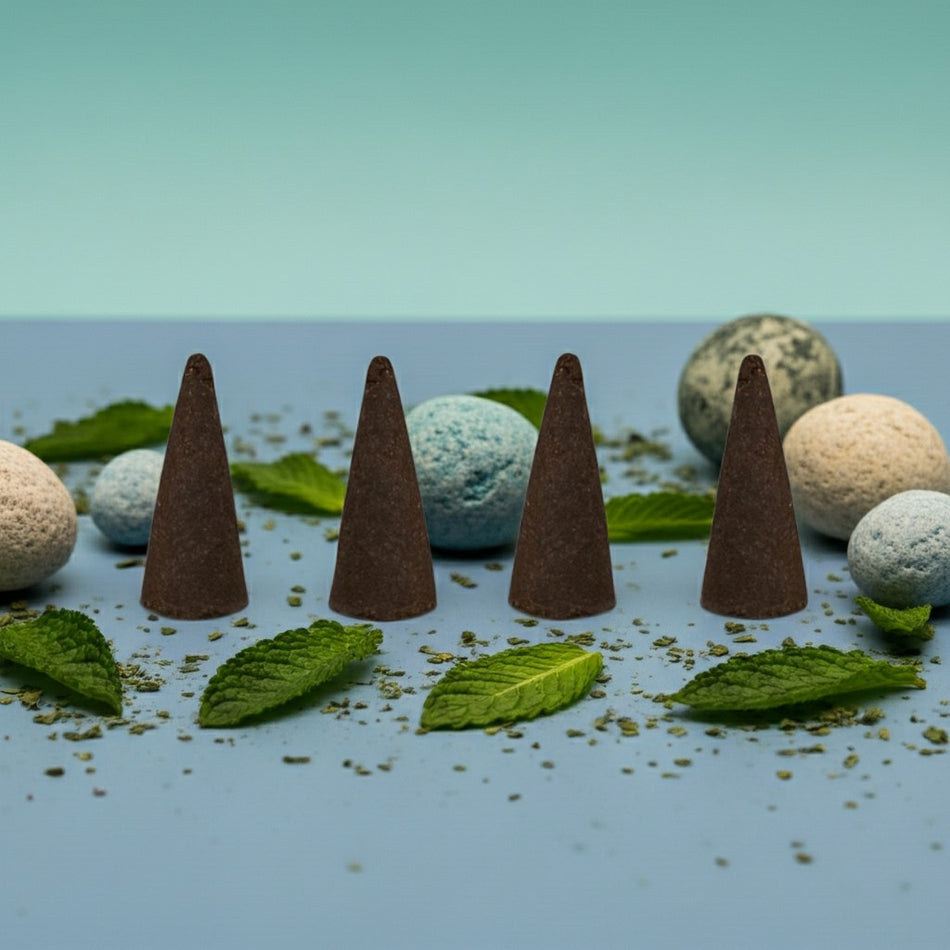 Peppermint Incense Cones on a blue surface with green leaves and spherical objects.