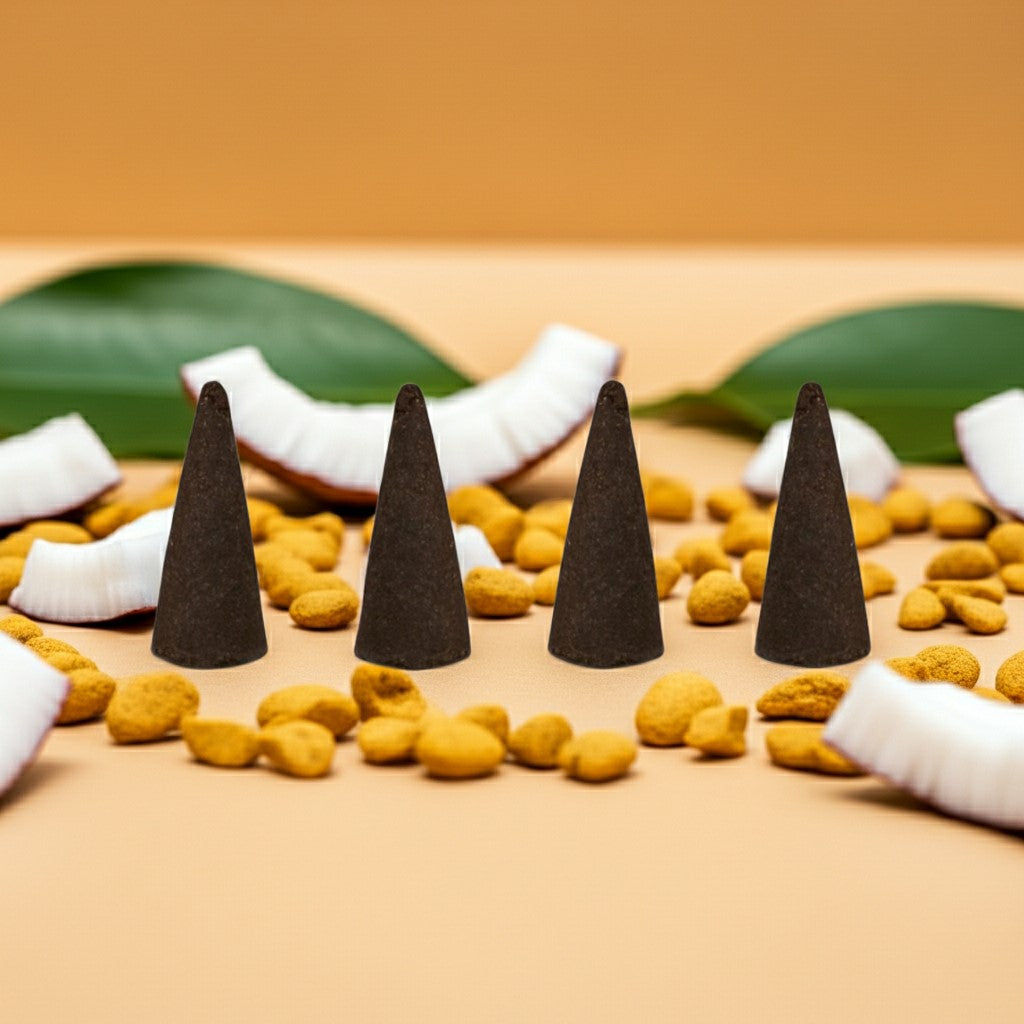 Pina Colada Incense Cones on a surface with coconut pieces and leaves