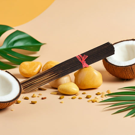 Pina Colada Incense Sticks with coconuts and leaves on a beige background