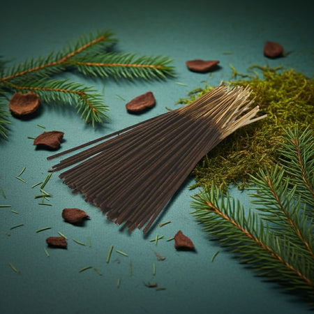 Pine Needles Incense Sticks with pine branches and leaves on a teal background