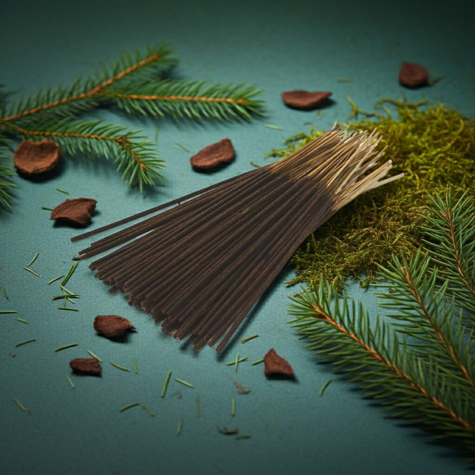Pine Needles Incense Sticks with pine branches and leaves on a teal background