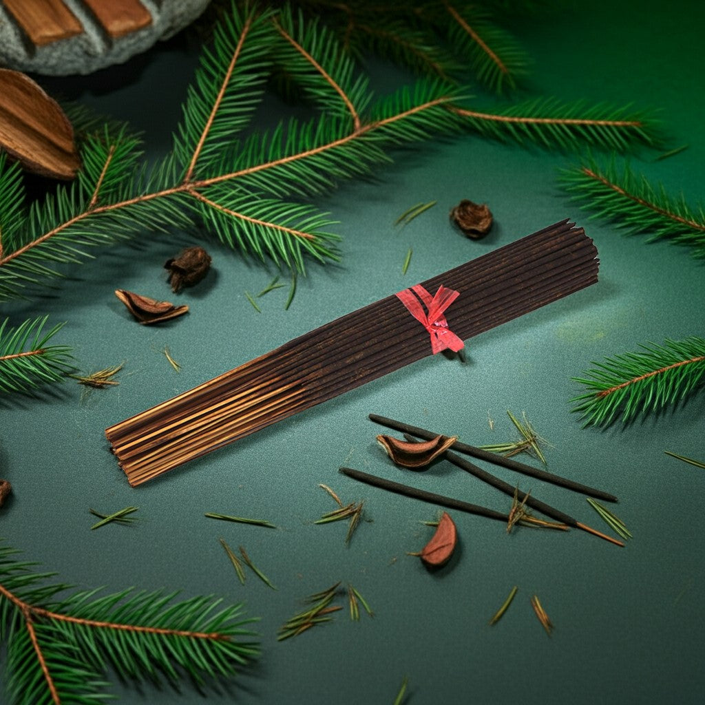 Pine Needles Incense Sticks with a pink ribbon on a green surface with pine branches