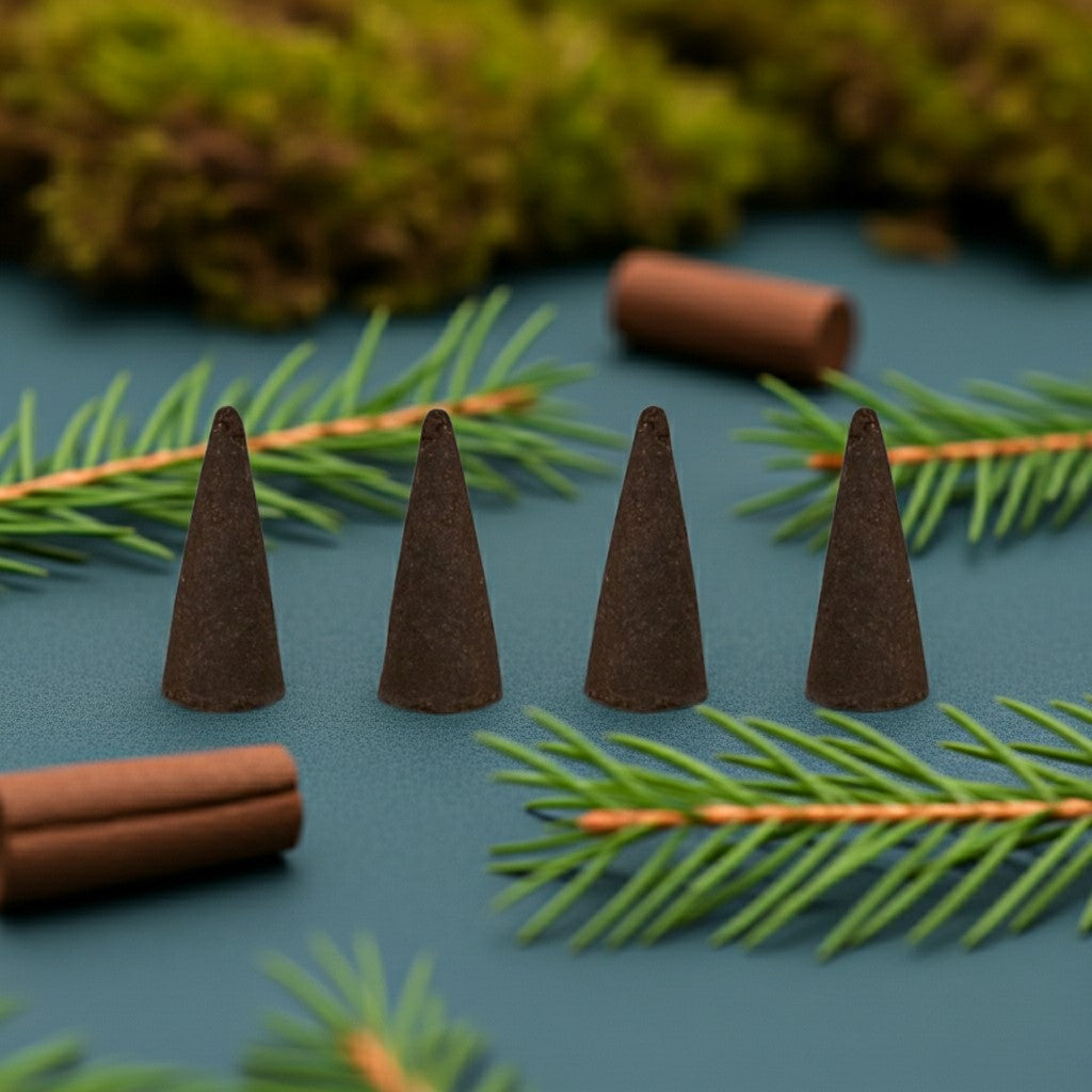Pine Needle Incense Cones on a green surface with pine branches