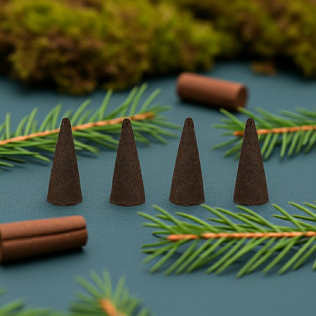 Pine Needle Incense Cones on a green surface with pine branches