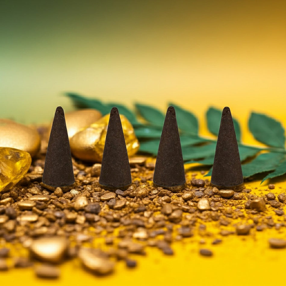 Pineapple Incense Cones on a yellow surface with gold coins and green leaves.