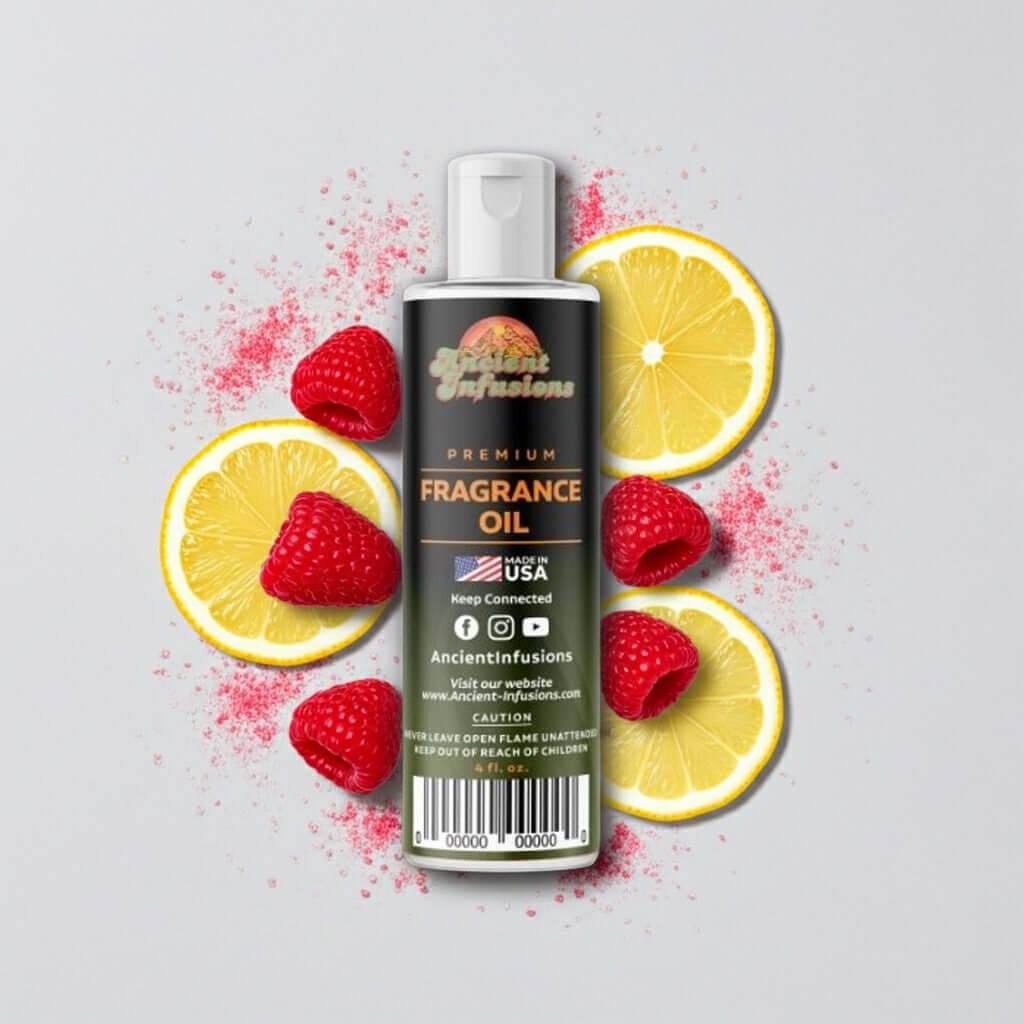 Pink Lemonade Fragrance Oil bottle with lemon and raspberry accents