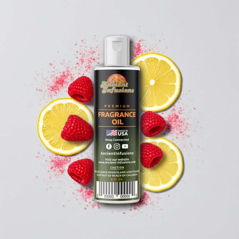 Pink Lemonade Fragrance Oil bottle with lemon and raspberry accents