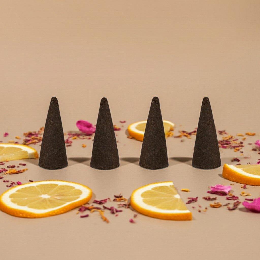 Pink Lemonade Incense Cones on a beige surface with orange slices and pink flowers.