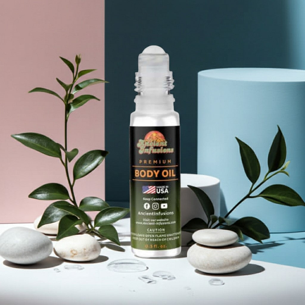 polo 67 inspired Body oil bottle with plant and stones on a colorful background