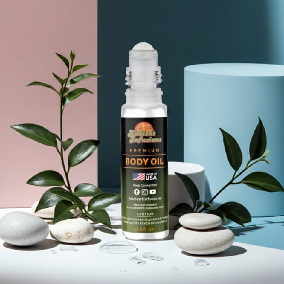 polo 67 inspired Body oil bottle with plant and stones on a colorful background