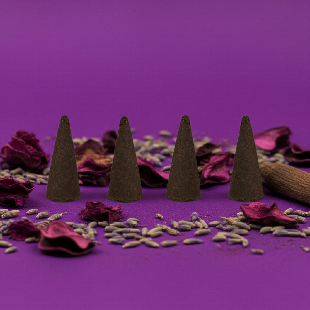 Purple Haze Incense Cones on a purple background with dried flowers and herbs.