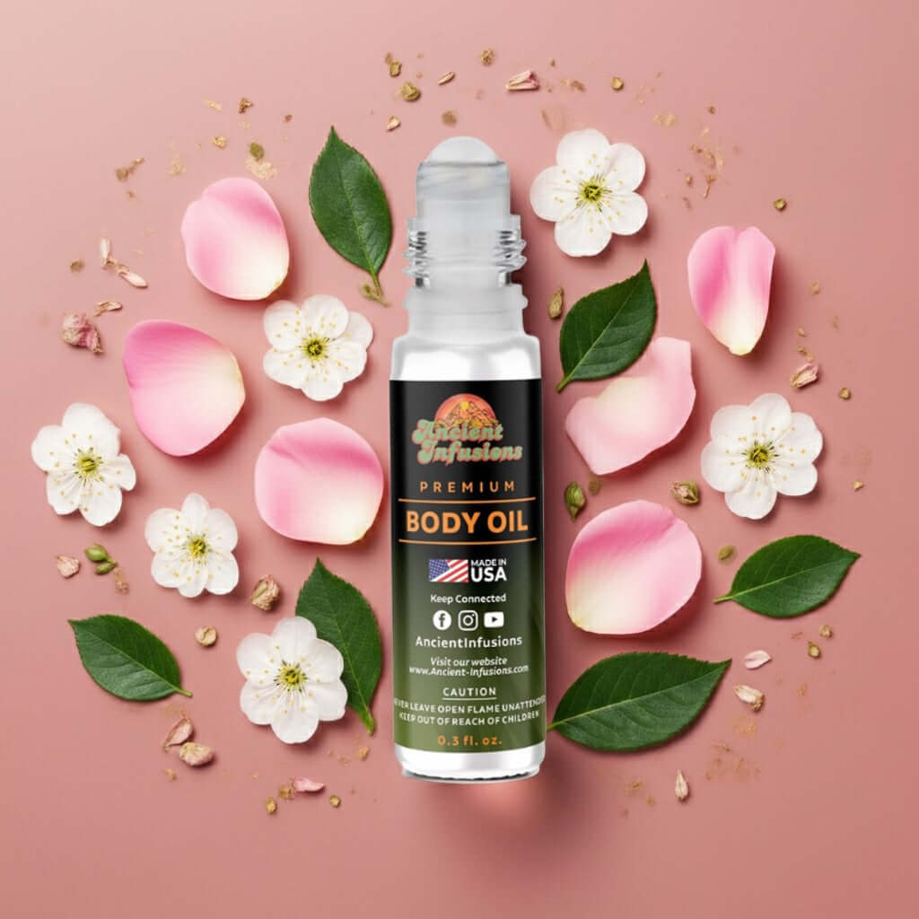 Rose Champagne Body Oil surrounded by delicate floral petals and leaves on a pink background