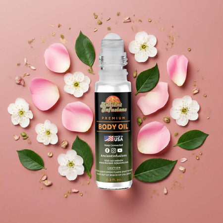 Rose Champagne Body Oil surrounded by delicate floral petals and leaves on a pink background