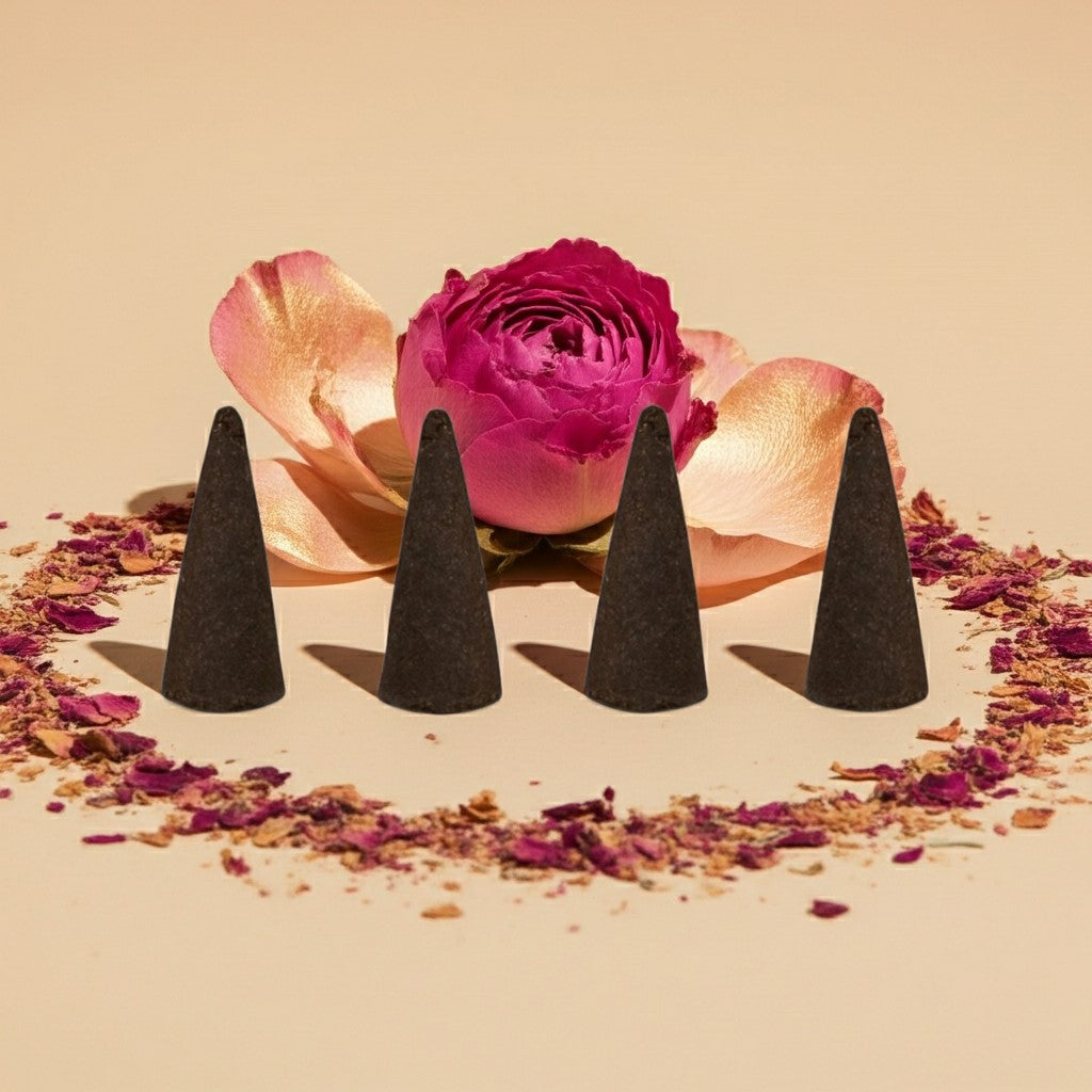 Rose Champagne Incense Cones in front of pink and orange flowers on a beige background