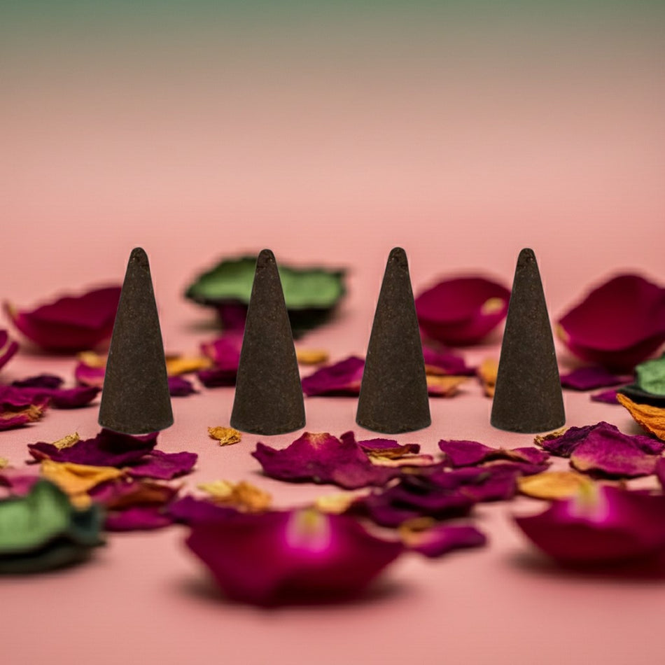 Rose Petals Incense Cones on a bed of colorful flower petals with a pink gradient background.
