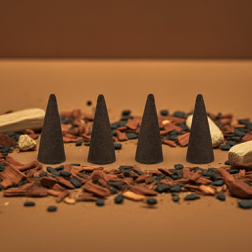 Sandalwood Incense Cones on a bed of small stones and pebbles with a blurred background.