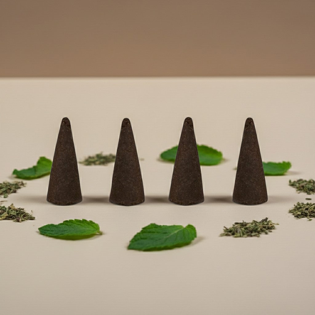 Spearmint Incense Cones - Hand-Dipped on a beige surface with green leaves and herbs.