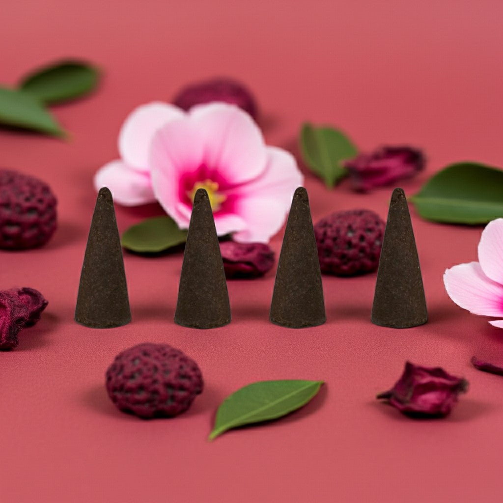 Strawberry Incense Cones on a pink background with flowers and leaves