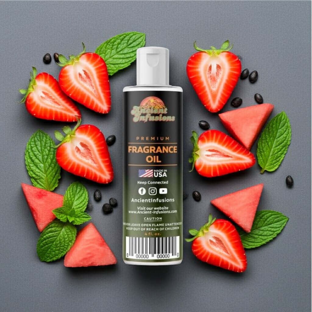Strawberry Watermelon Fragrance Oil bottle surrounded by fresh strawberries and watermelon slices.