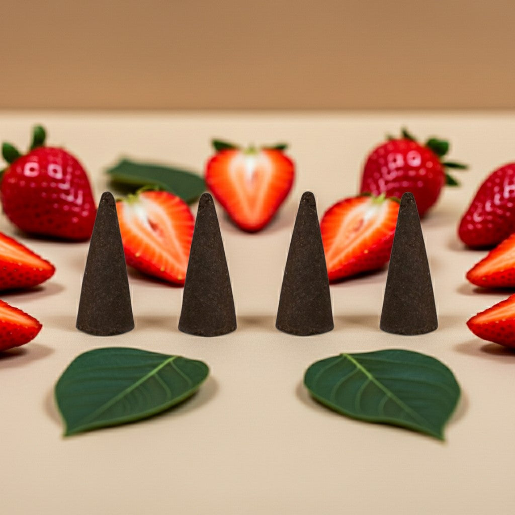Strawberry Watermelon Incense Cones on a surface with strawberries and leaves around them.