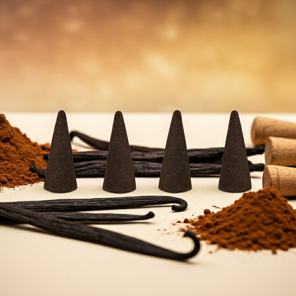 Vanilla Bean Incense Cones with vanilla beans and coffee on a neutral background