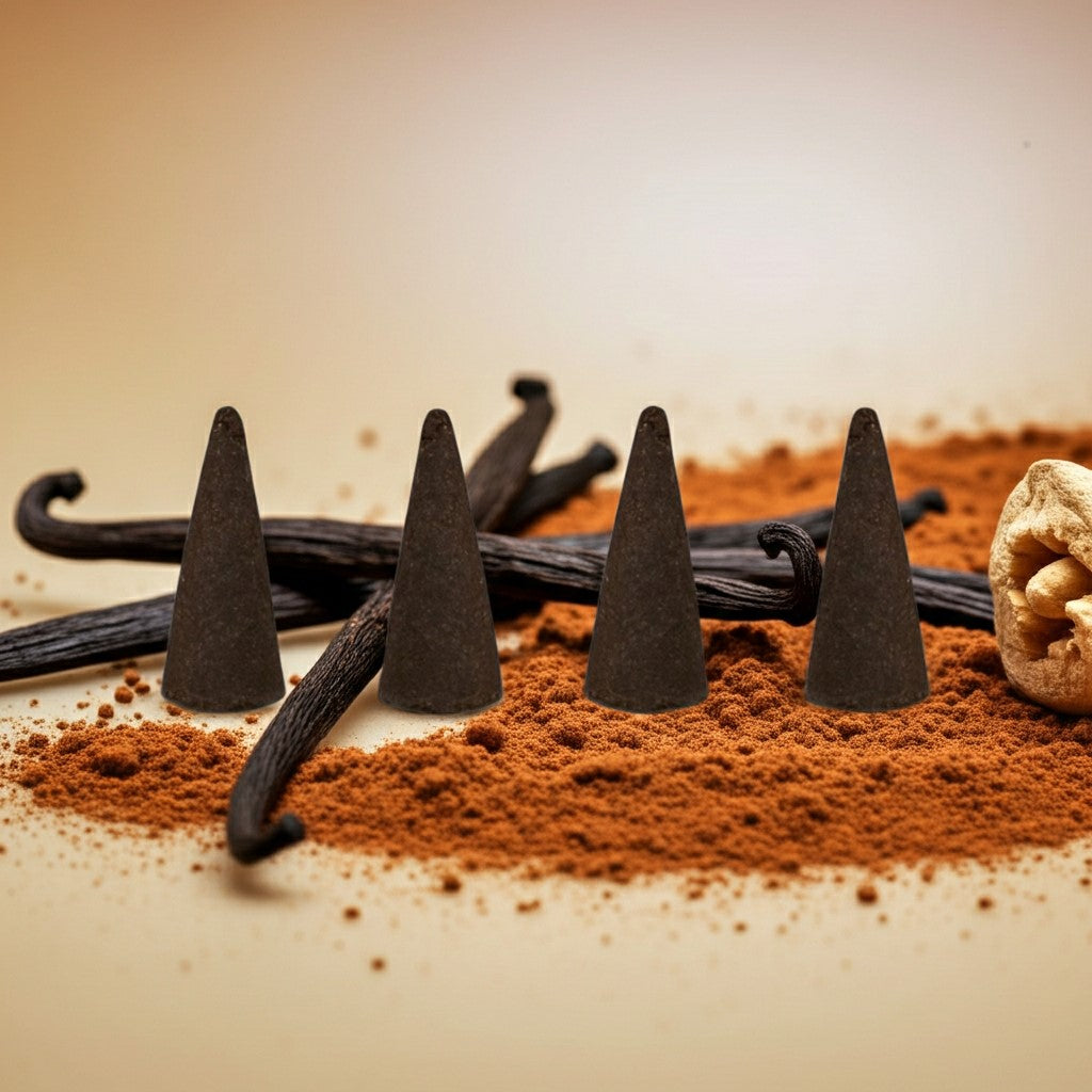 Vanilla Incense Cones Vanilla beans on a surface with a warm color palette
