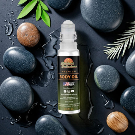 Versace Pour Homme Dylan Blue Inspired Body Oil bottle with natural elements on a dark background