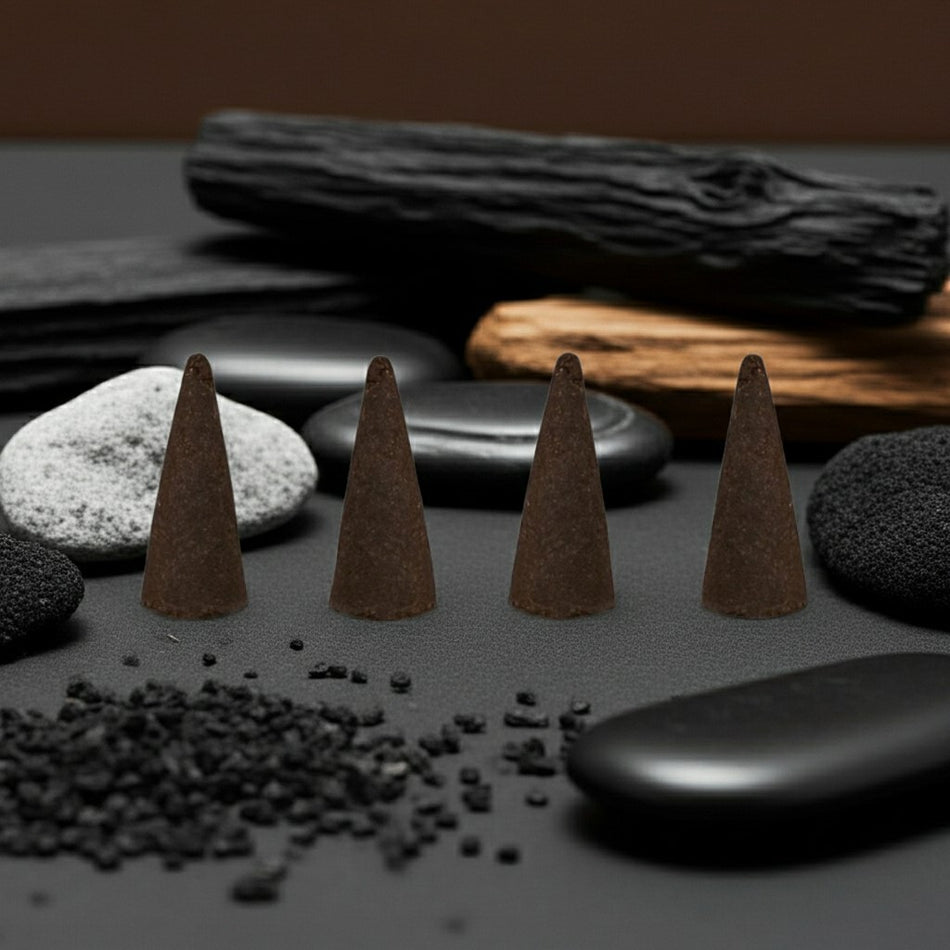 Very Sexy Incense Cones on a dark surface with stones and wood.