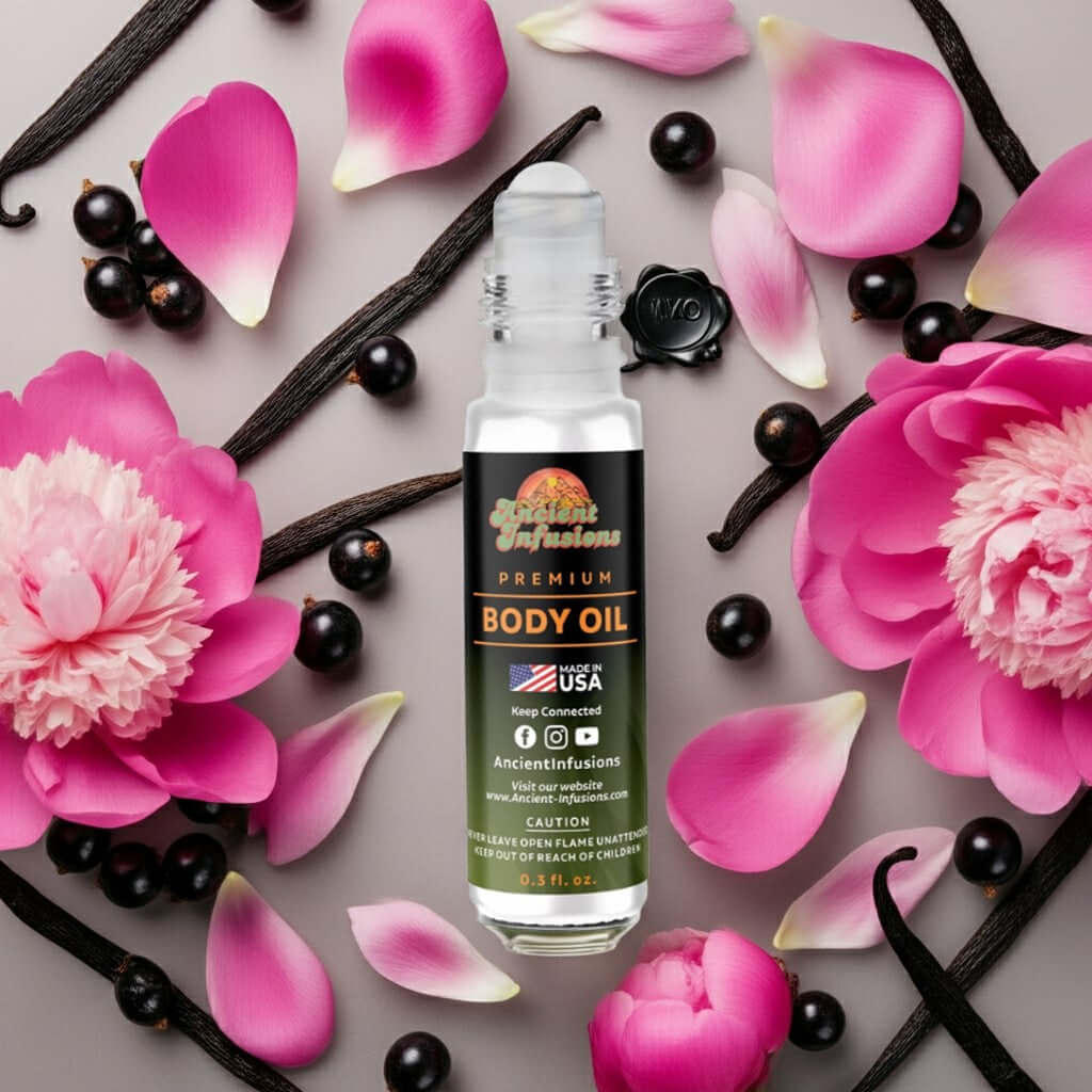 Viktor&Rolf Flowerbomb Midnight Inspired Body Oil with pink petals and fragrant elements.