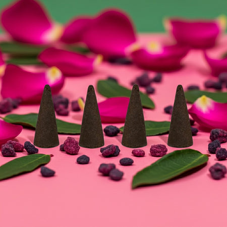Watermelon Incense Cones on a pink surface with purple berries and green leaves