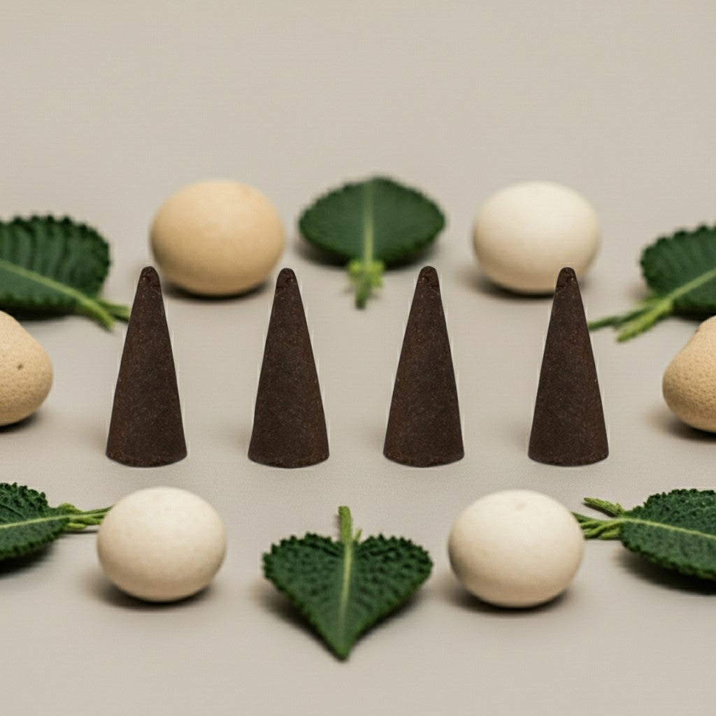 Wintergreen Incense Cones - Hand-Dipped on a neutral background with leaves