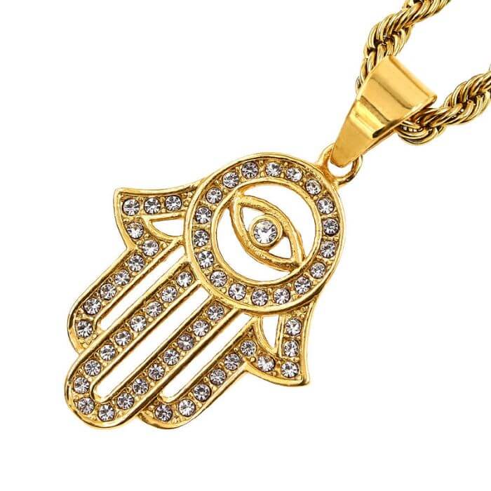 Gold Hamsa Hand of Fatima Necklace with Cuban Zircons on Adjustable Stainless Steel Chain.
