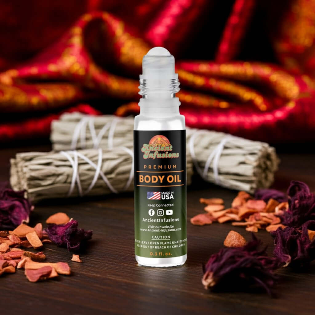 African Fantasy Body oil bottle with a dark label on a wooden surface with dried flowers and sage.