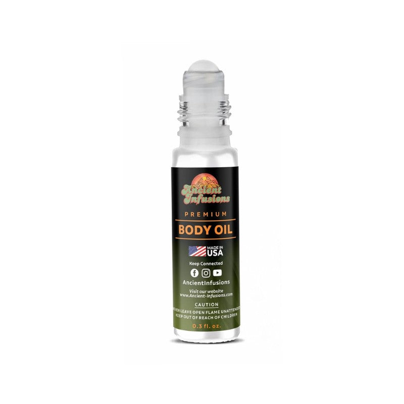 African Fantasy Body oil bottle with label on a white background