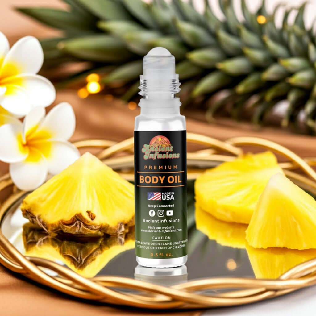 Al Haramain Amber Oud Gold Edition Inspired Body Oil with pineapple and tropical flowers