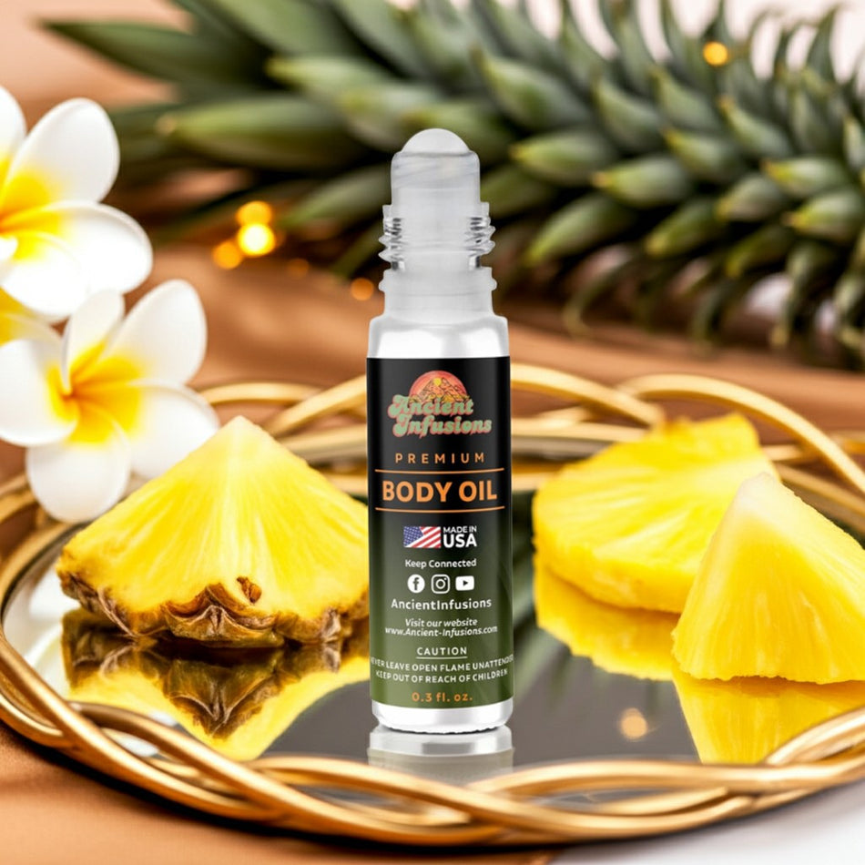 Amber Oud Gold inspired perfume oil roll-on with golden display decor